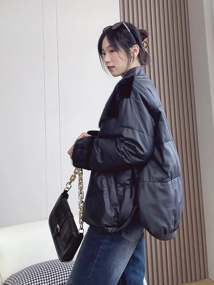 여성용 루즈핏 밍크 모피 가죽 다운 재킷, 싱글 브레스트 V넥 빈티지 오버코트, 두껍고 따뜻한 코트, 스트리트웨어