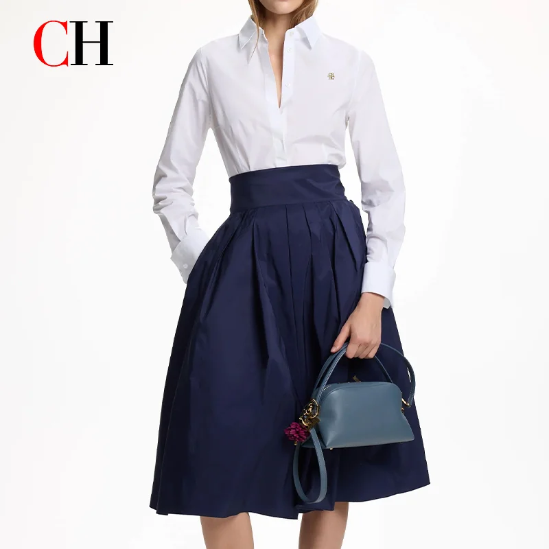 CH Damen Elegantes Weißes Hemd mit Revers Gold CH Logo Langarm-Bluse Formelle Büro-Damenkleidung Schlanke Passform Basic Hemden