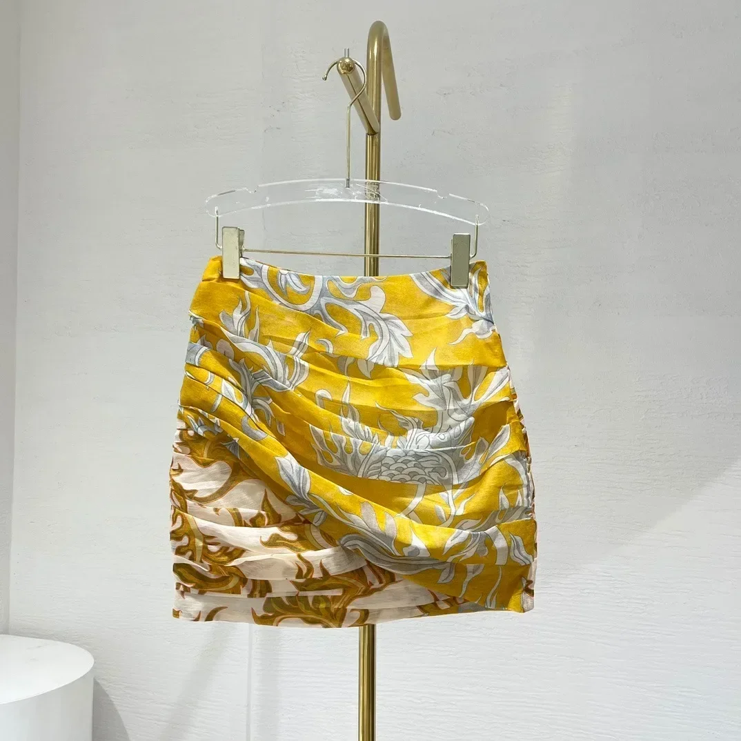 Silk Linen Summer 2024 High Quality Position Floral Print Long Lantern Sleeve Blouse and Folds Skirt Women Vintage Sets
