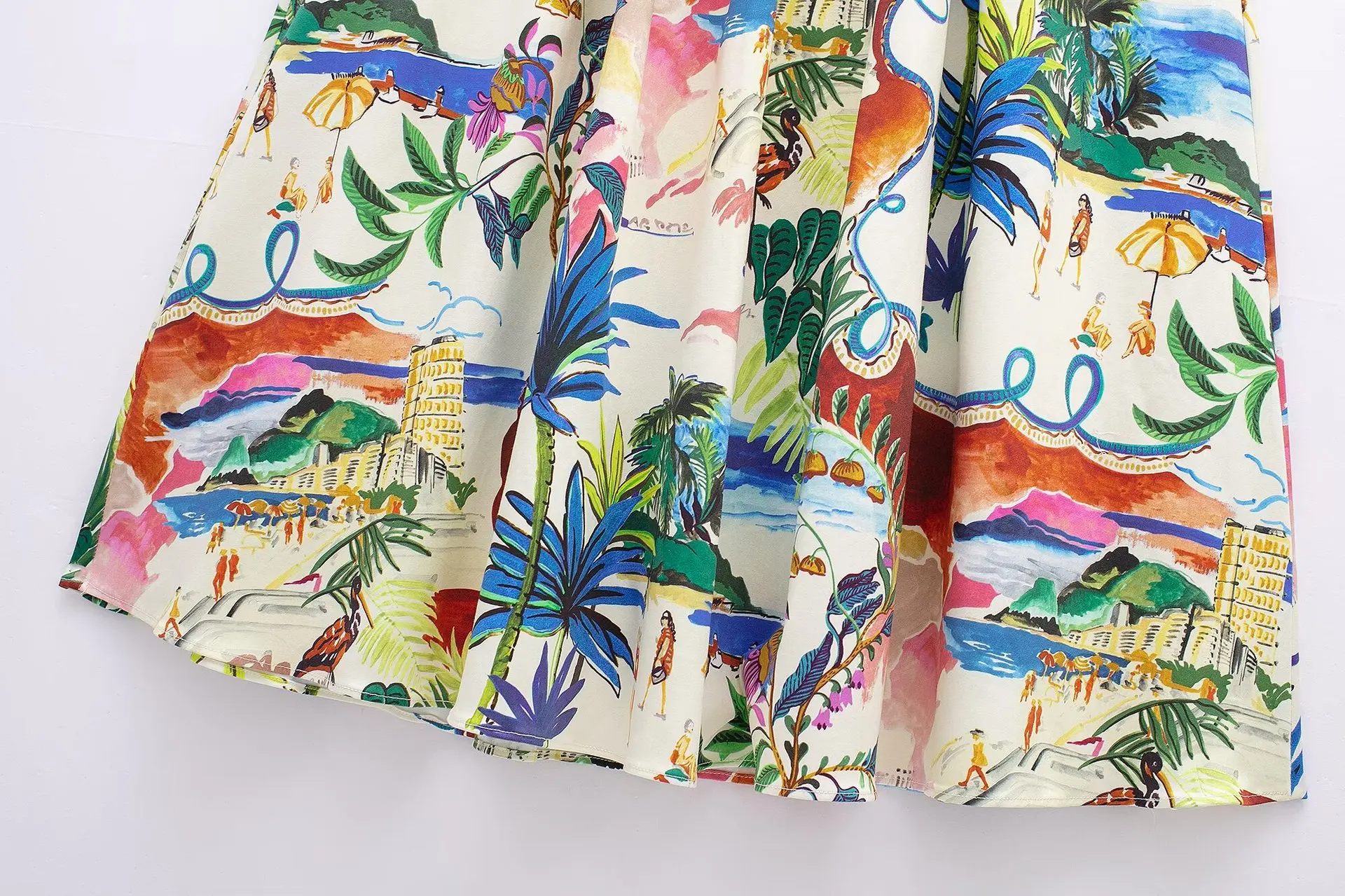 Retro print suit beach vacation loose shirt A-line pleated long dress women's casual 2-piece suit 2024 women's spring and summer