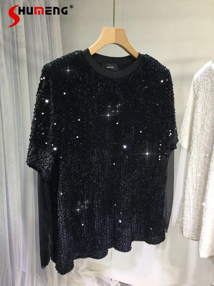 

Heavy Industry Beaded Sequined T-shirt for Women Spring and Summer New Shiny Padded Shoulder Round Neck Versatile Black Top