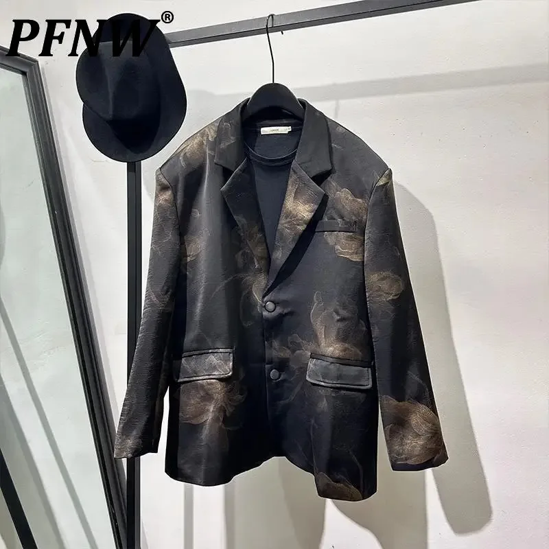PFNW Light Luxury Vintage Satin Print Men's Suit Loose Casual Oversized Single Breasted Blazer Spring Trendy 12C1759