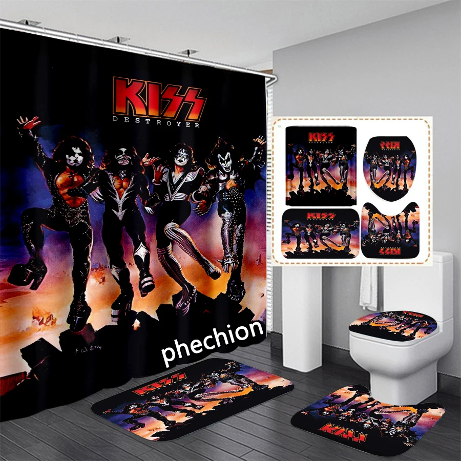 phechion Kiss Band 3D Print Waterproof Bathroom Shower Curtain Toilet Cover Mat Non-Slip Floor Mat (1/3/4Pcs) W74 4