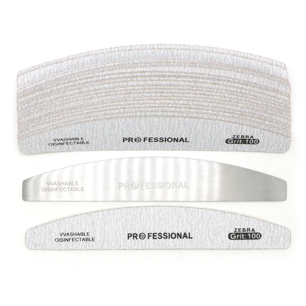 50개/세트 그레이 하프문 전문가용 교체형 네일 파일 (스테인리스 스틸 보드, 일회용 탈착식 사포 패드 포함)