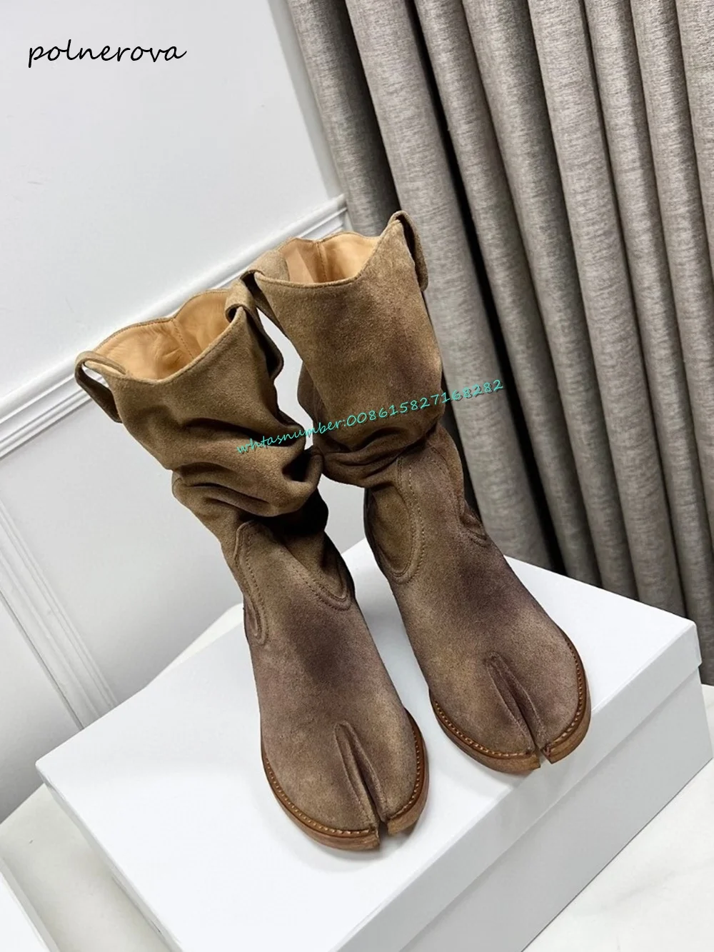 

Newest Tabi Split Toe Mid-Calf Boots Pointy Toe Chunky Heel Boots Pleated Runway Party Shoes for Women 2023 Autumn Fashion Retro