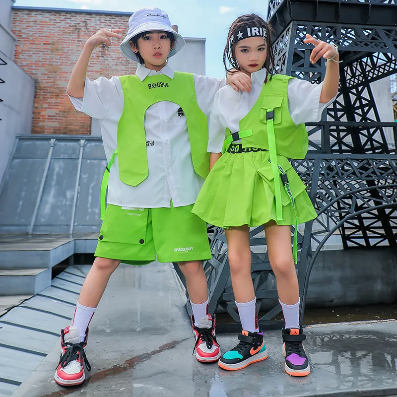 

Summer Children Streetwear Fashion Hip Hop Sets Boys Vest Shorts Girls Shirt Skirt Kids Jazz Dance Clothing Costumes Tracksuits