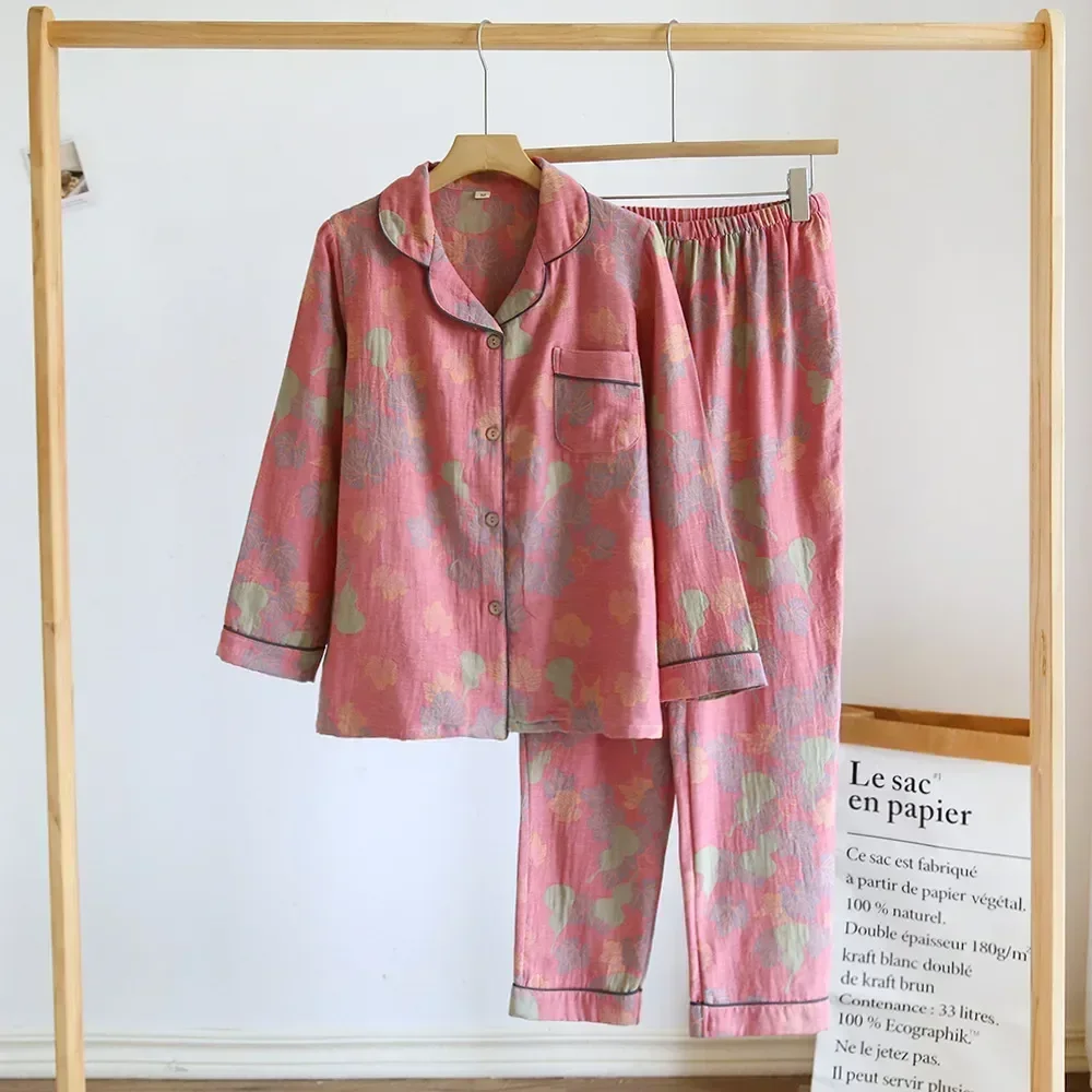 

New Couple Yarn-dyed Loungewear Casual Print Two-piece Home Clothes Cotton Loose Set Pajamas Cardigan Long-sleeved Sleepwear