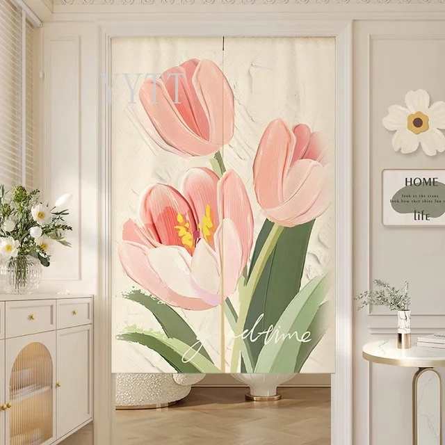Rideau de porte de peinture d'art de fleur rose, fleurs abstraites, rideaux de séparation d'entrée de maison, salon, décor esthétique de chambre à coucher 2