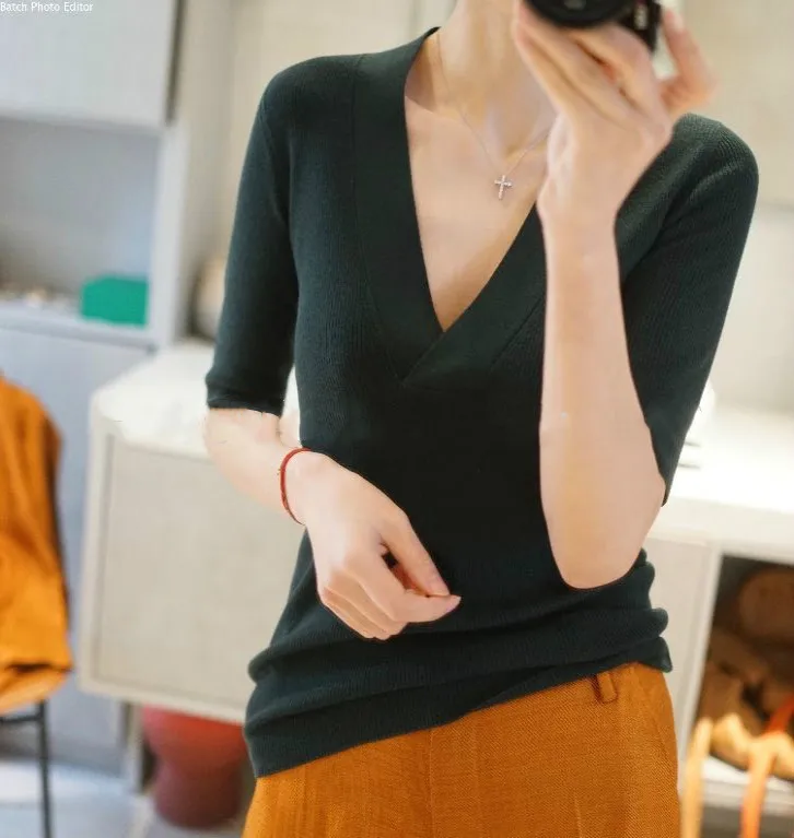 2024 Spring and summer High Quality cashmere Half sleeve Sweater Women Pullover Five-Point Short Sleeve Fashion Knit Female 6