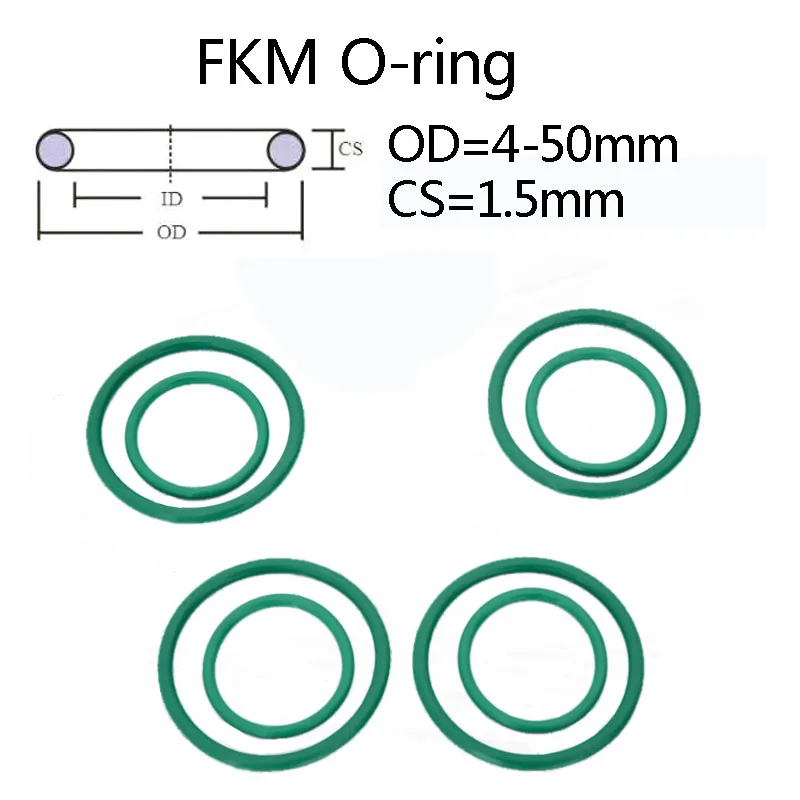 

100pieces Green FKM O Ring CS 1.5mm OD 4-50mm Fluorine Rubber Mechanical seal High temperature resistant O-Ring