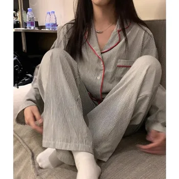 Plus Size Pajamas Women Spring and Summer Long Sleeve Long Pants Two Piece Suit Striped Nightwear Loungewear Girl Sleepwear