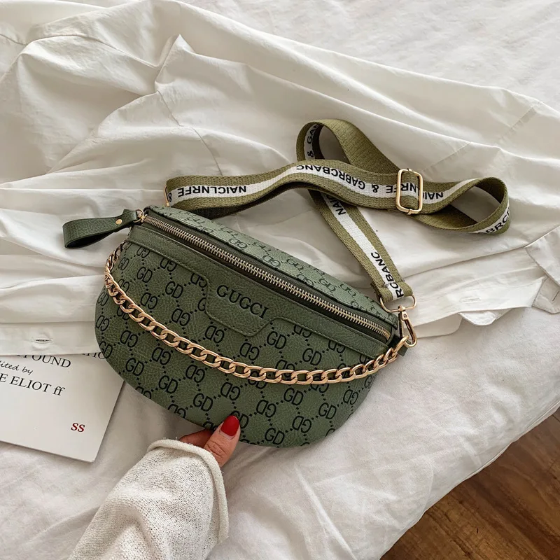 Fashion Simple Women's Waist Bag Chain Shoulder Crossbody Bag Hundred Ladies Chest Letters Printing PU Material pu crossbody bag