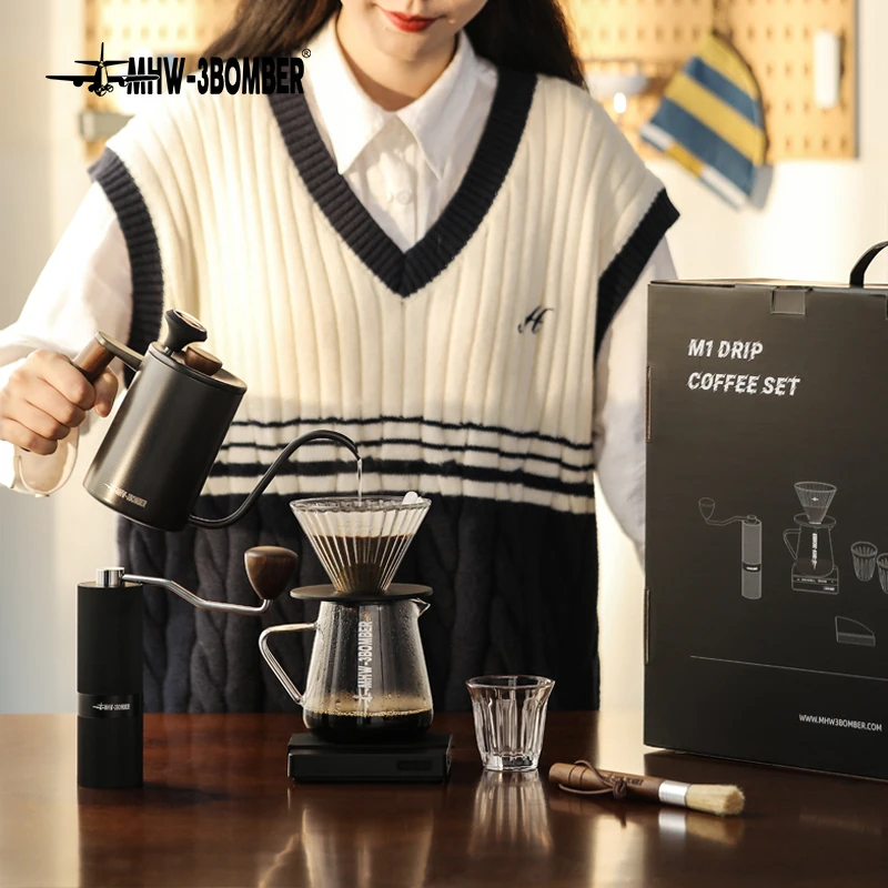 Coffee Set MHW-3BOMBER Deluxe Hand Brewed Coffee Set of 1 Pieces Kitchen Espresso Scale Coffee Grinder and Filter Cups Pour Over Kettle