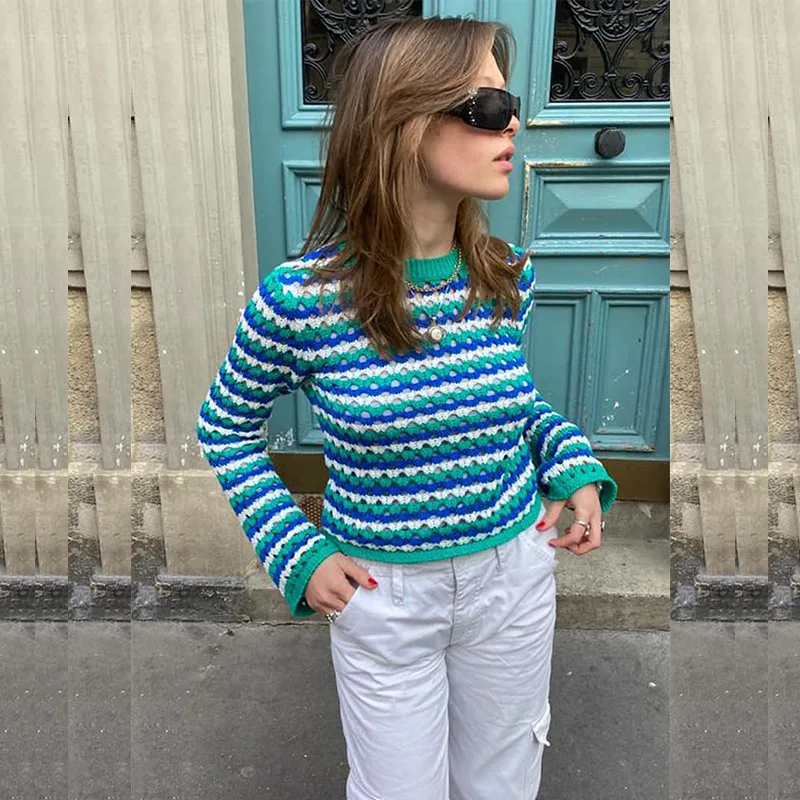 

2022 Spring and Autumn Hollow Tops Long-Sleeved Round Neck Women's Knitwear Women's Striped Pullover Women's Clothing