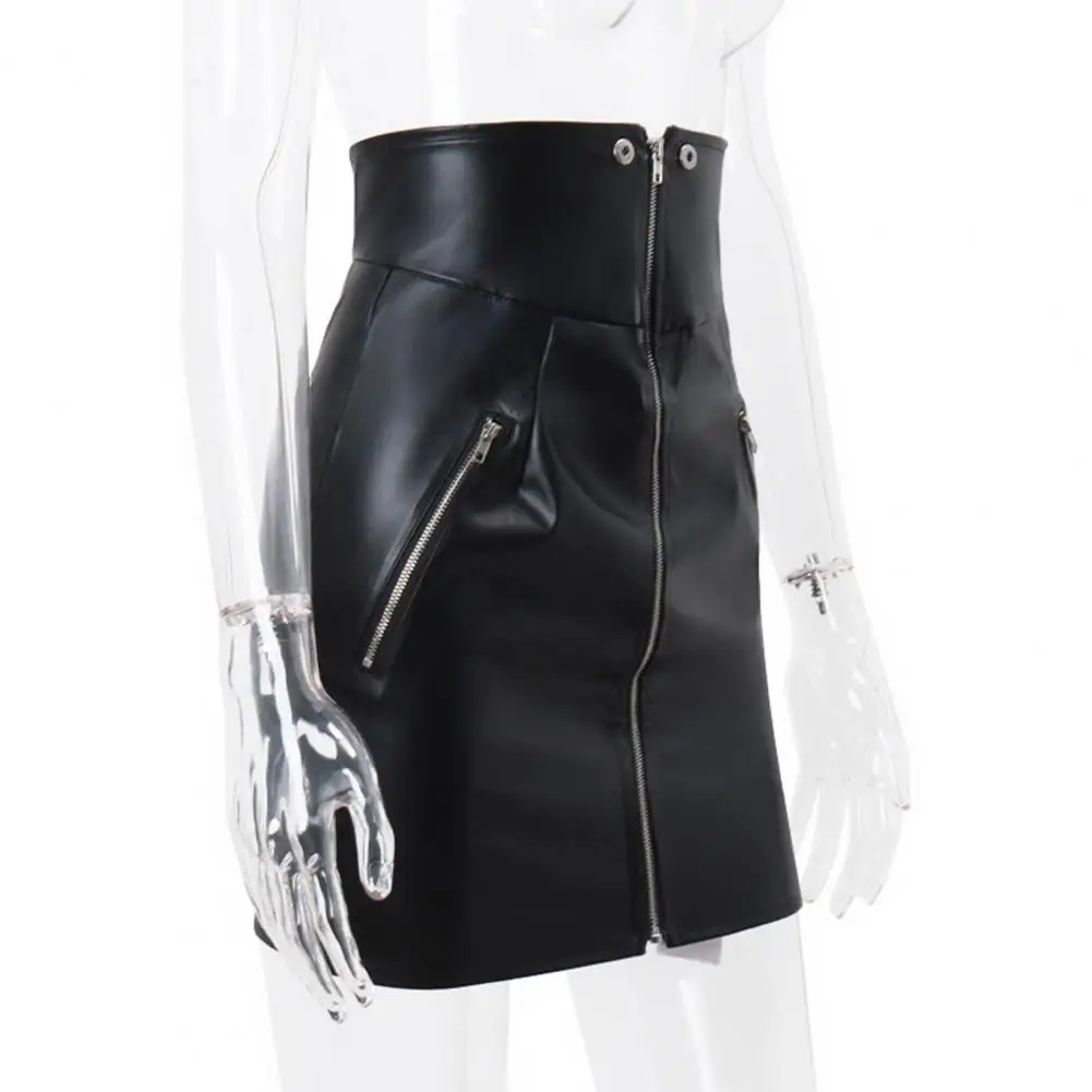 

Women Artificial Leather Skirt Sexy High-waist Faux Leather Skirt with Zipper Closure Pockets Punk Style Women's Winter Mini