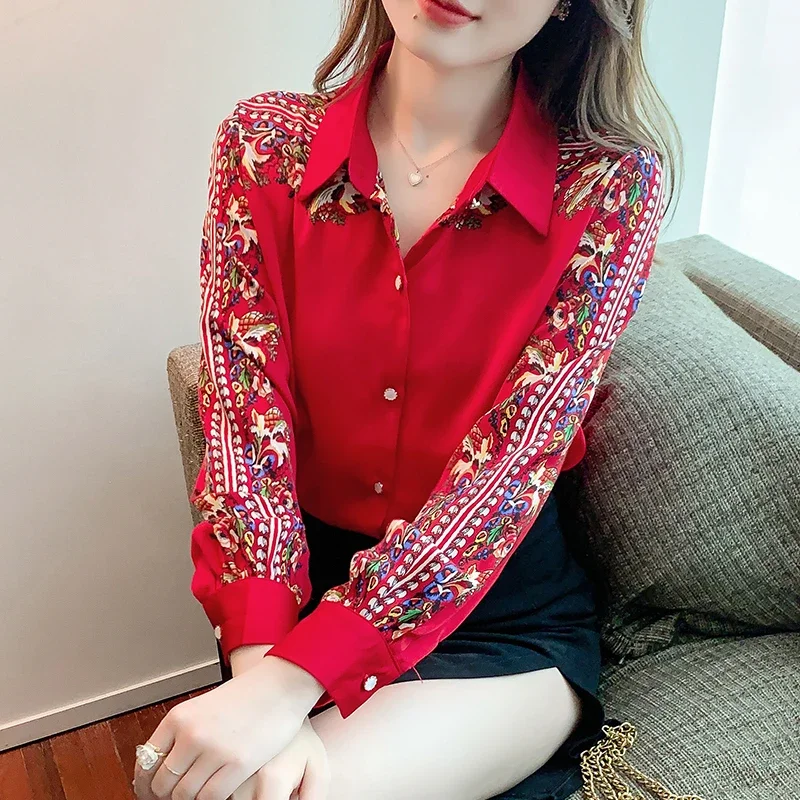 

Chiffon Printed Women's Shirts Chinese Style Blouses Polo-Neck Full Ladies Clothing Loose FASHION Vintage Tops YCMYUNYAN