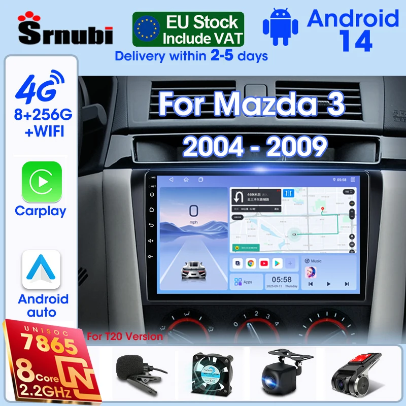 Radio para coche Srnubi 2Din Android 14 para Mazda 3 2004 2005 2006 2007 2008 2009, reproductor Multimedia Carplay, navegación GPS automática, RDS DSP 1