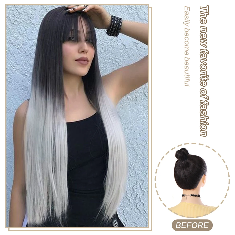 Synthetic non-clip invisible steel wire hair extension straight hair black gradient gray integrated Synthetic wig hair extension_voghion.com