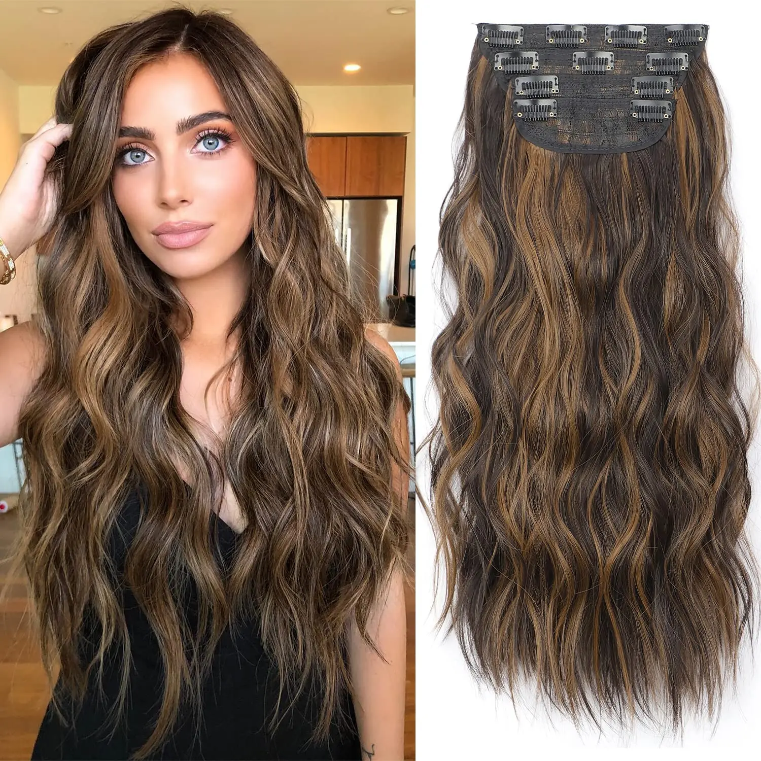 Extensions Long Synthetic Clip In Hair Wavy Clip In Hair Extensions 6Pcs/Set Piece Synthetic Ombre Blonde Brown Thick Hairpieces hair extensions