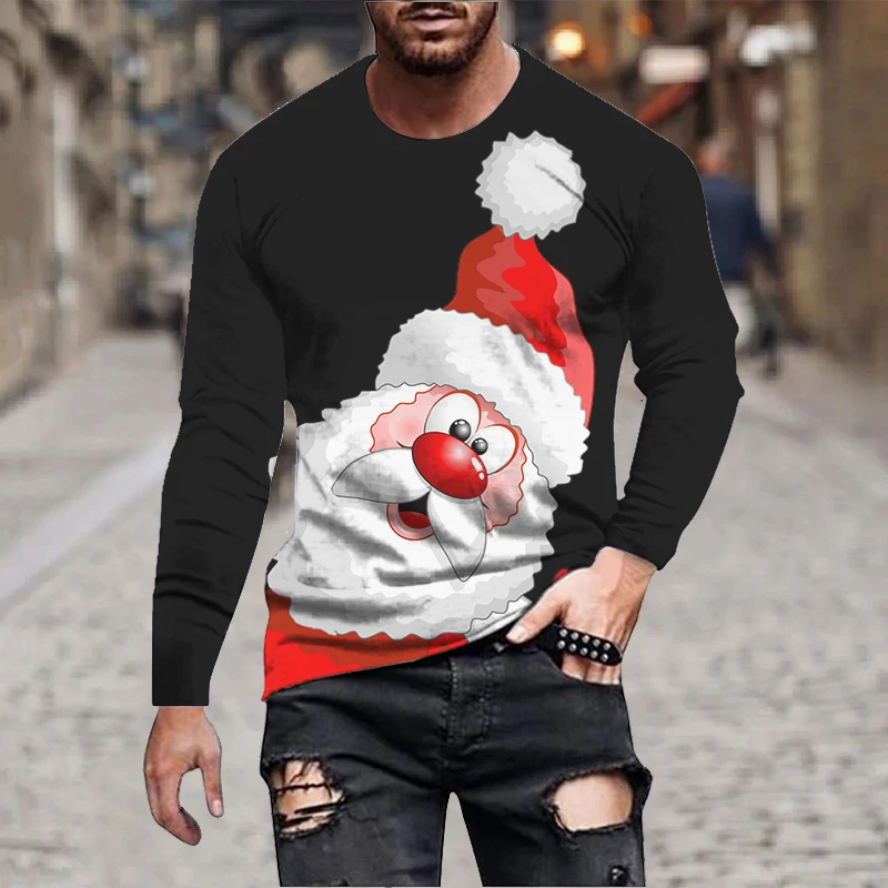 Mens Christmas Long Sleeve Reindeer 3D Print T Shirt