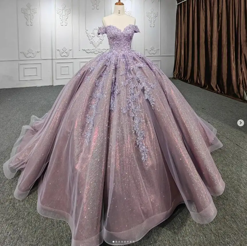 

Old Purple Gillter Princess Quinceanera Dresses Off Shoulder Floral Applique Lace-up Corset vestido de 15 quinceañeras morado