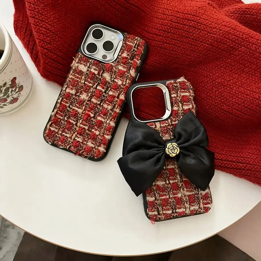 Custodia Con Fiocco Nero In Velluto Rosso Coreano Per Iphone 13 14 15 Pro Max Winter Retro Plaid Peluche Cover Posteriore Morbida Per Iphone 15 Pro