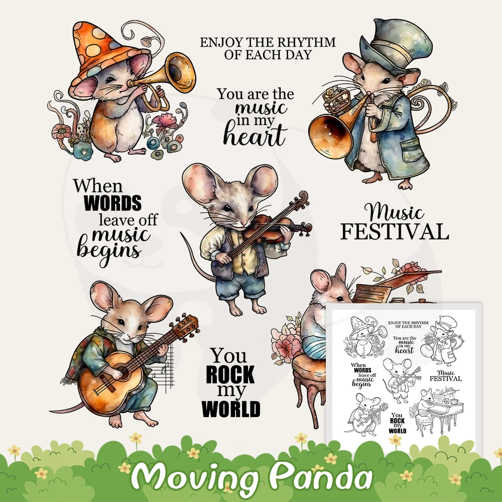 

Kawaii Cartoon Mouse Musician Playing Cutting Dies Clear Stamp DIY Scrapbooking Metal Dies Silicone Stamp For Cards Albums Craft