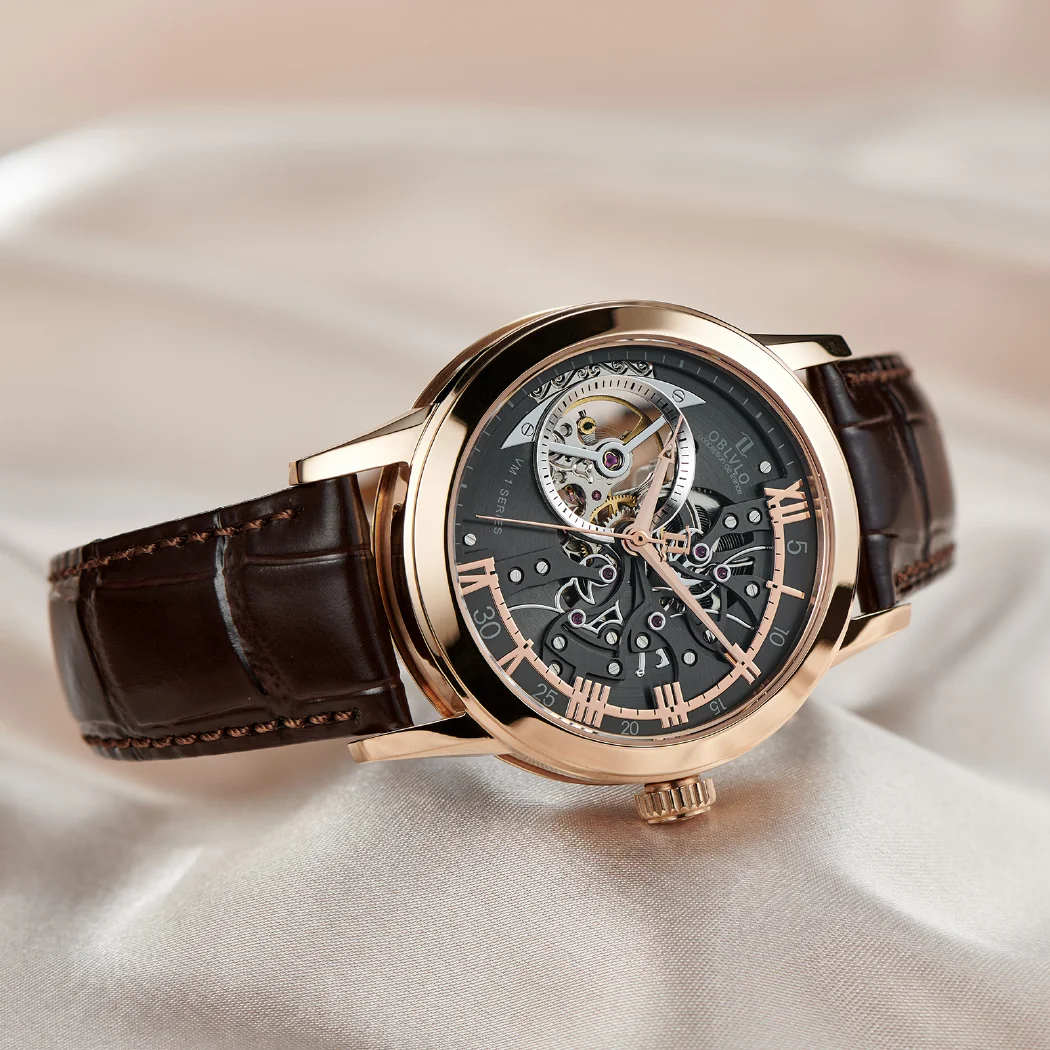 OBLVLO Orologio Uomo Lusso Automatico Scheletro – Cassa Oro Rosa E Vetro Zaffiro – Movimento Meccanico A Vista