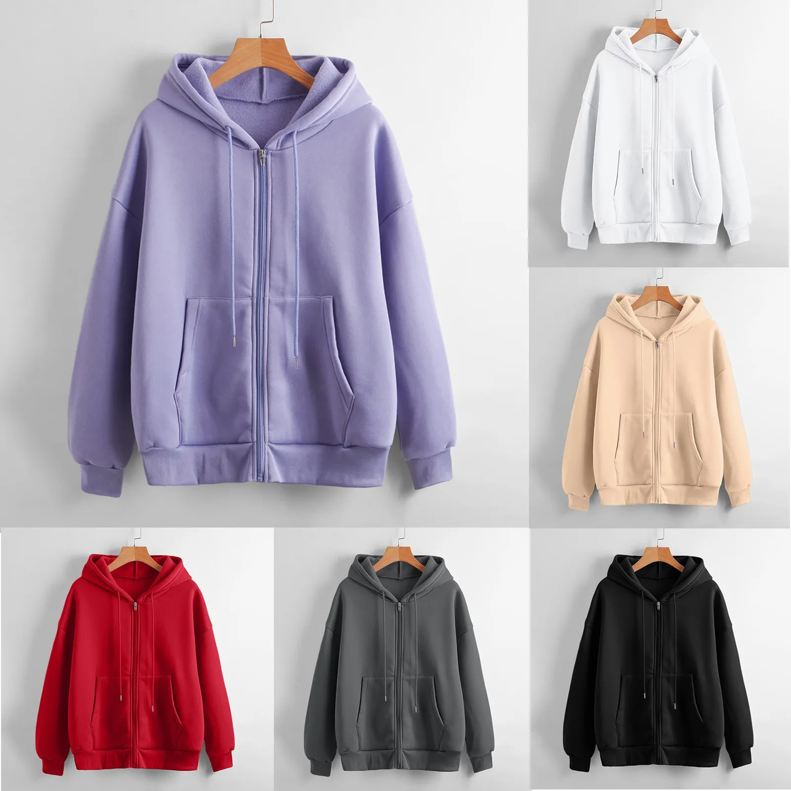 

Winter Fleece Hoodies Women'S Solid Color Long Sleeve Coat Zipper Cardigan Casual Comfortable Loose Pocket Stitch Hoodies Jacket