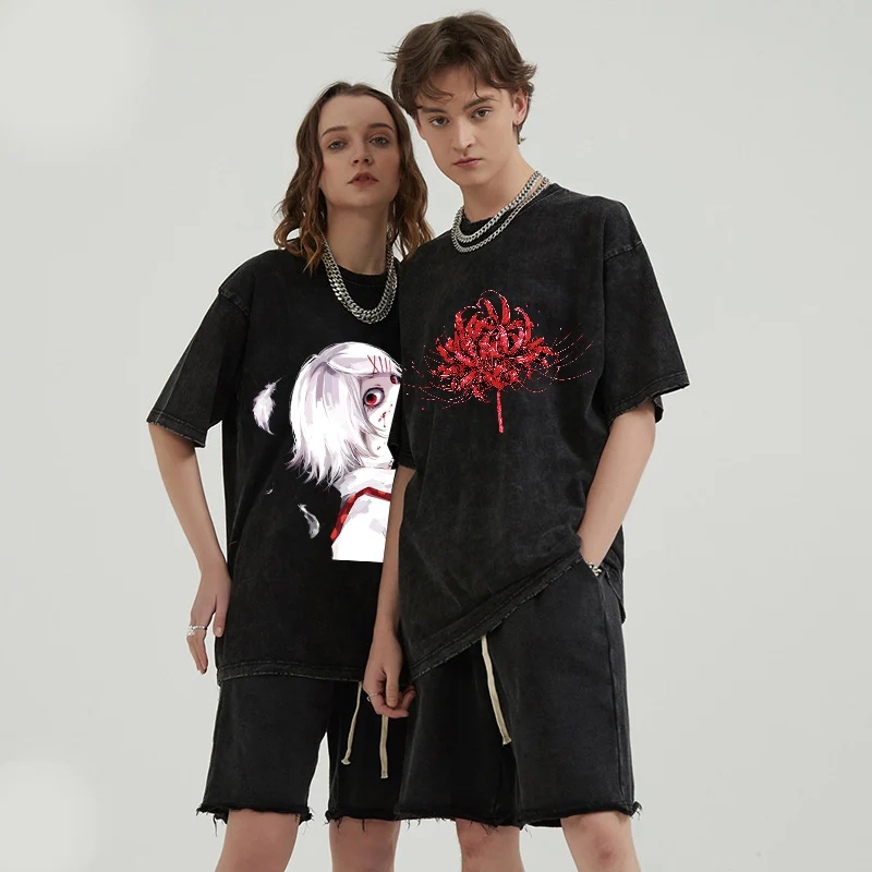 Anime Tokyo Ghoul Graphic Tees for Men Women Retro Washed Cotton T-Shirt Tops Summer Loose Oversized Tshirt Harajuku Streetwear