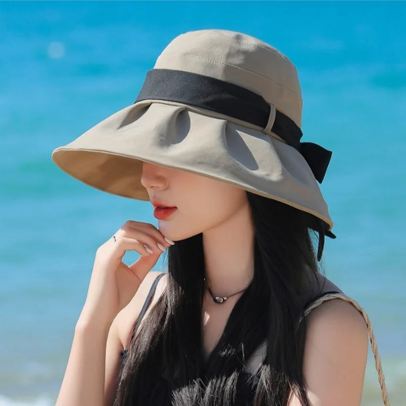 Fisherman Hat Women Summer Outdoor UV large brim sunscreen hat Korean solid color show face small sun hat beach