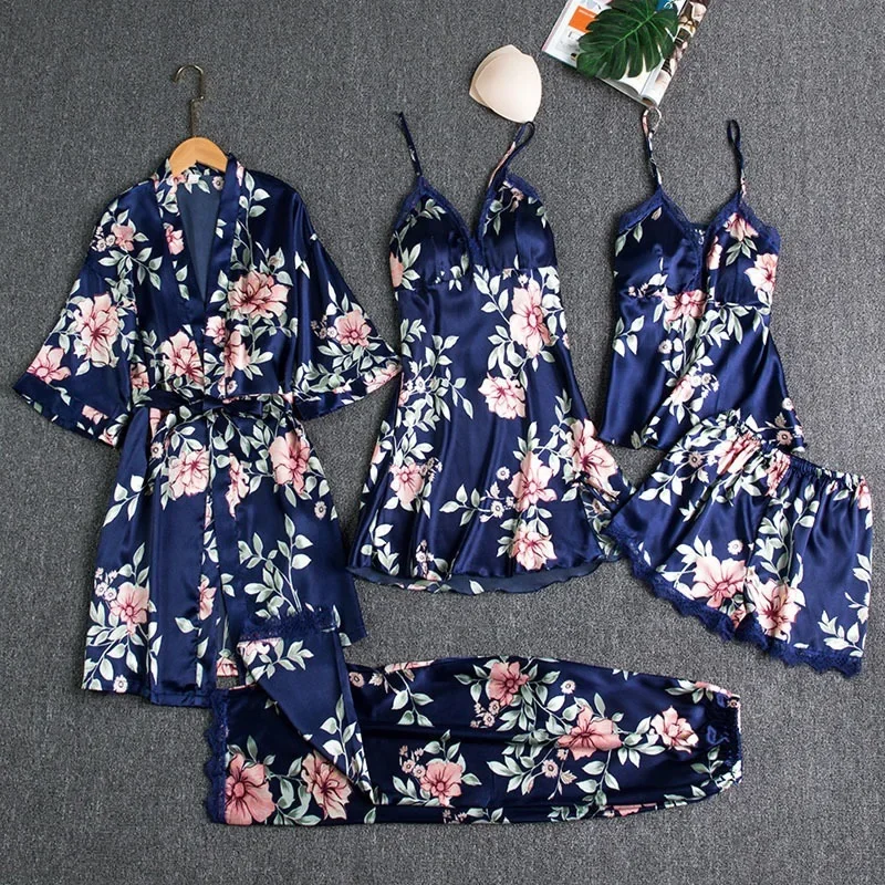 Lace Satin Women's Sleepwear Set Silk V-neck Nightgown 5 Piece_voghion.com