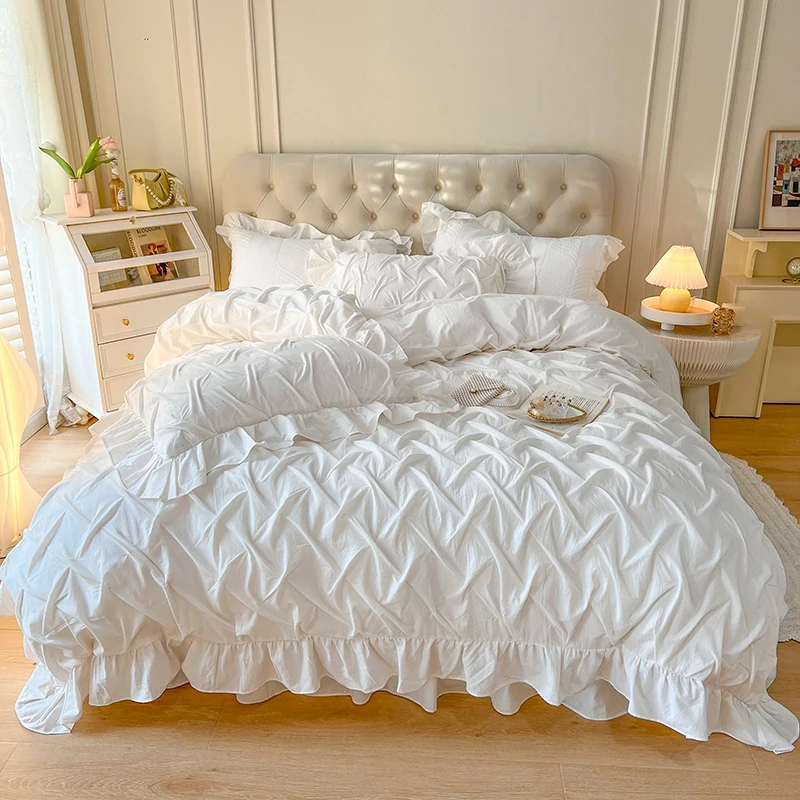 

White Hand Twisted Twill Washed Cotton Bed Skirt Bedding Set Duvet Cover Set Bed Linen Pillowcase Fitted Sheet HomeTextile