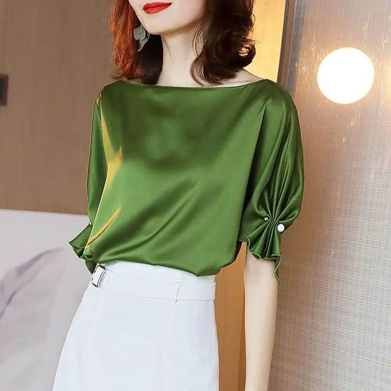 Women's Elegant Satin Blouse - Chic Casual Summer Shirring with Three-Dimensional Decoration