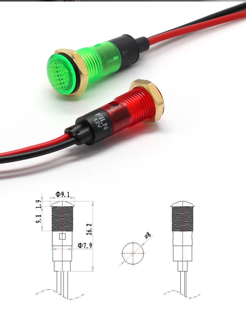 FILN 5 Stück 8mm Anzeigelampen, leicht, korrosionsbeständig und isoliert, mit 20cm Kabel für gewerbliche Küchen, Rot, Grün – Detail 2