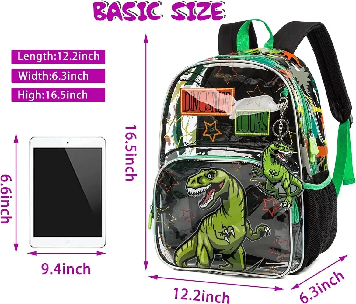 3pcs/set Transparent Kids Backpack with Cartoon Print Lightweight Waterproof Boys and Girls School Bags Lunch Bag Pencil Case