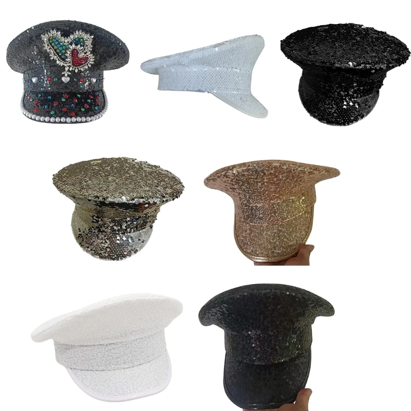 

Sequins Captain Cap Fashion Flat Top Hat Glitter Hat for Adult Unisex Fedora Hat Women Men Night Club Hat T8NB