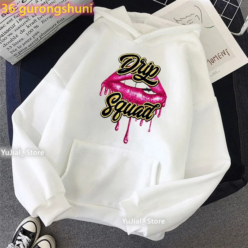 Red Lips Birthday Drip Graphic Print Cap Hoodie Women\'S Clothing Drip Squad Sweatshirt Femme Fashion Long-Sleeved Tracksuit