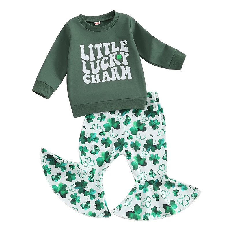 

Toddler Baby Girl St Patricks Day Outfit Lucky Babe Long Sleeve Crewneck Sweatshirt Flared Pants 2Pcs Set