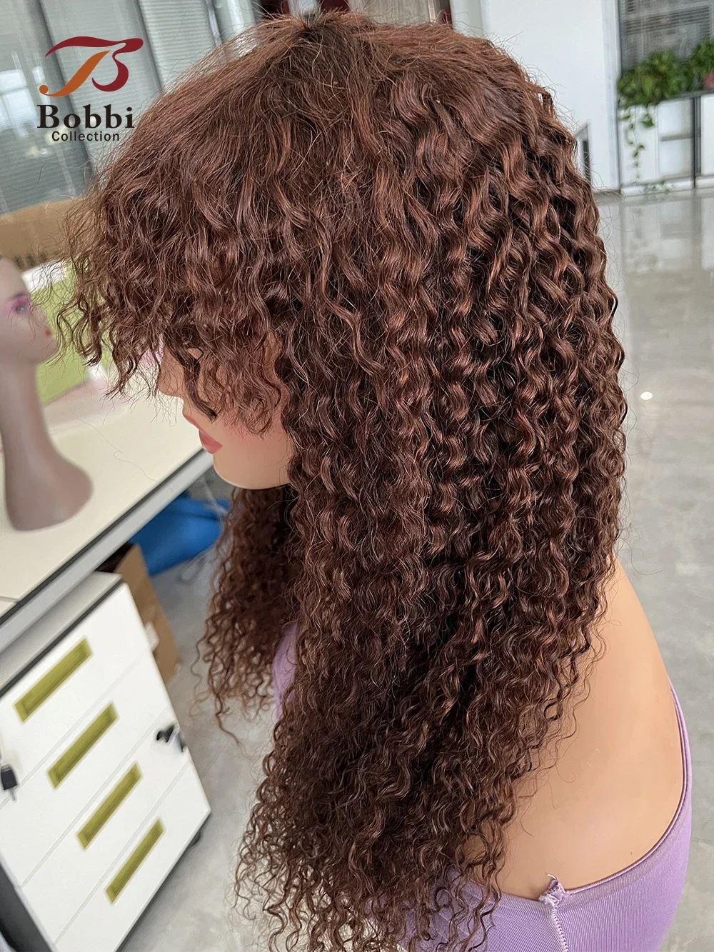 250% Density Jerry Curly Human Hair Wigs Bang Full Wig Brown Black Machine Made Non Lace Wig Fringe Bobbi