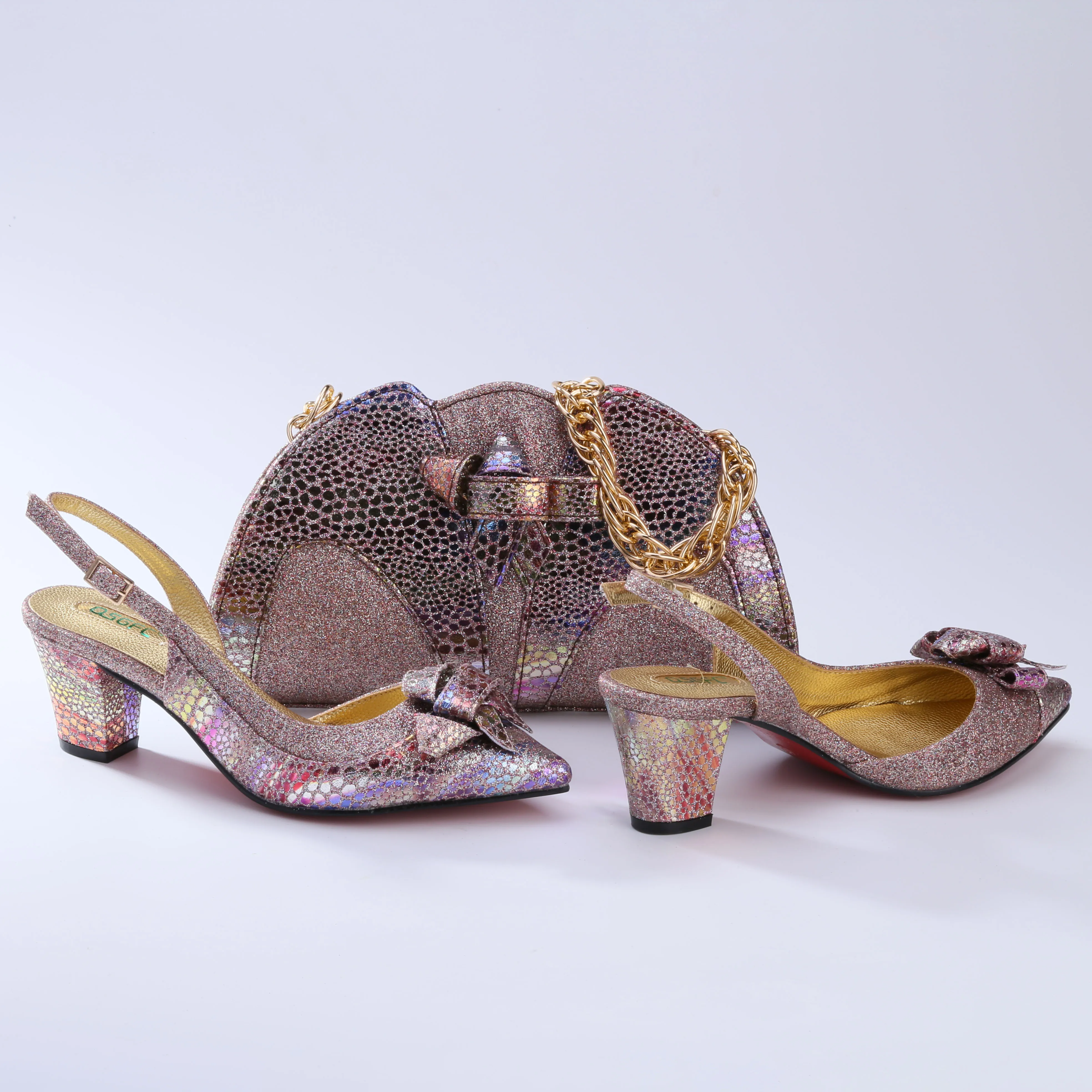 

Lovely Shoes With Match Bags Synthetic Flash Material Style New Coming Women Med Heel Shoes and Bag Set For Party Wedding b23-19