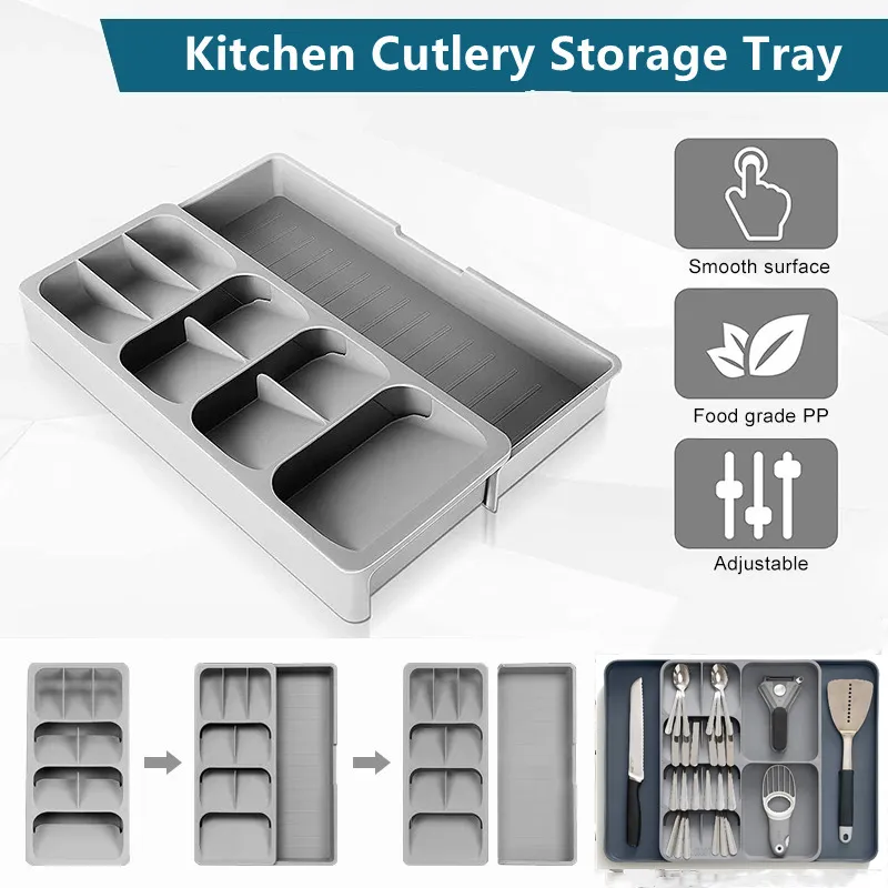 Kitchen Cutlery Storage Box Plastic Tray Utensils Drawer Organizer Knife Holder Tableware Box Knife Fork Spoon Divider Container