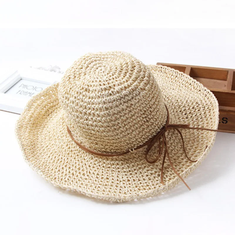 Fashion Crochet Womens Seaside Foldable Straw Weave Sun Straw Hat Wide Brim Real Straw Floppy Trilby Bow Summer Beach Sun Hat 6