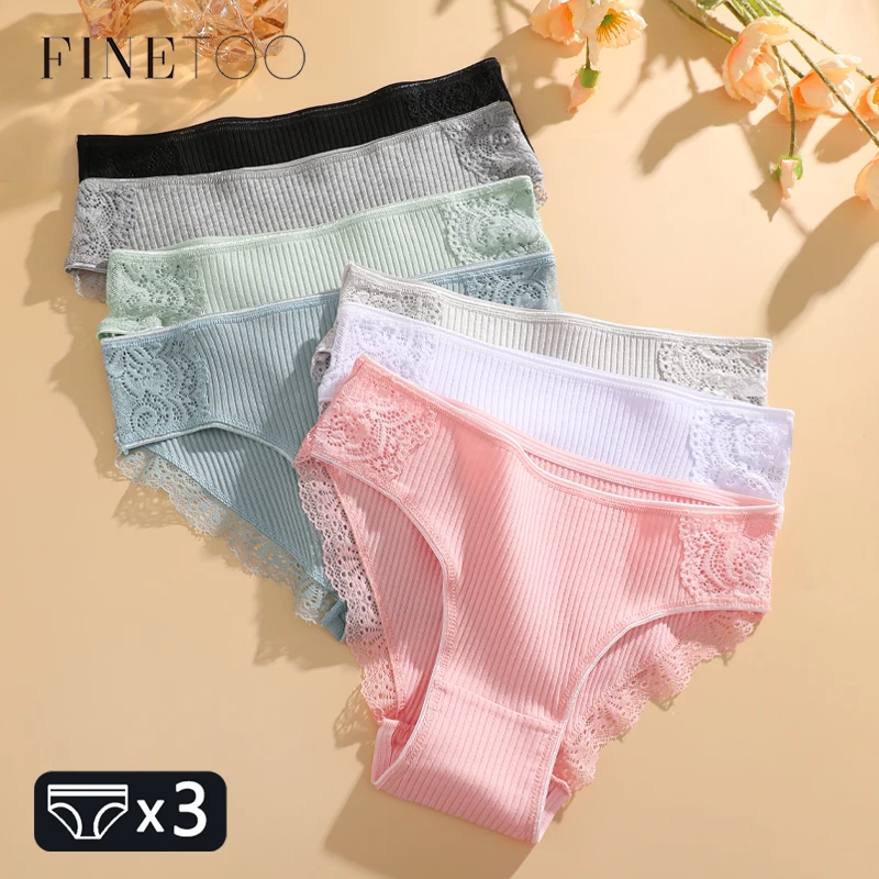 women panties FINETOO 3Pcs/set Women Cotton Panties M-2XL Low-Rise Patchwork Lace Briefs Soft Underpants Lingerie