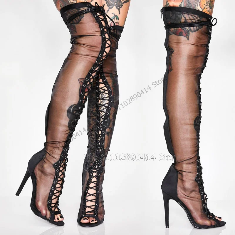 

Black Peep Toe Hollow Design Lace Boots Thigh High Cross Tied Women Shoes Thin High Heels Fashion Sexy 2023 Zapatos Para Mujere