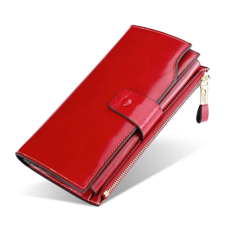 Multifunctional Womens RFID Blocking Large Capacity Luxury Waxed Split Leather