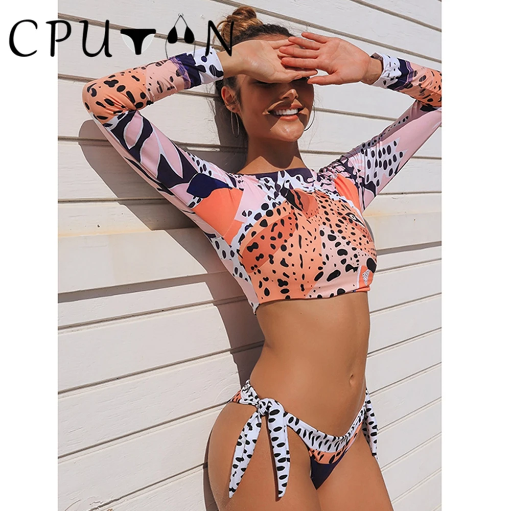 

CPUTAN 2024 Sexy Two Piece Bikinis Set Women Tankini Leopard Swimwear Long Sleeve Swimsuit Sexy Surfing Beachwear Bathing Suit