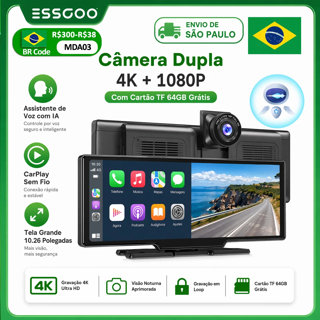 Câmera Veicular 4K 10.26” DVR Sem Fio CarPlay Android Auto Rádio Automotivo GPS e Dupla Lente