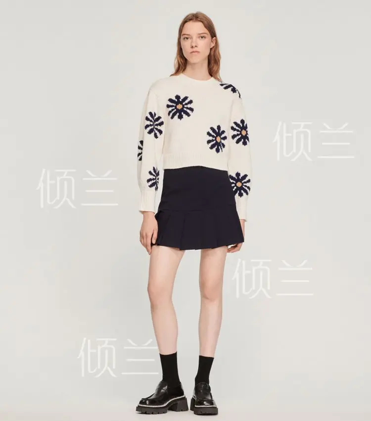 

PATADS French S Family 23 Autumn Women's French Elegant Short Daisy Pattern Cotton Wool Knitted Sweater PU01641