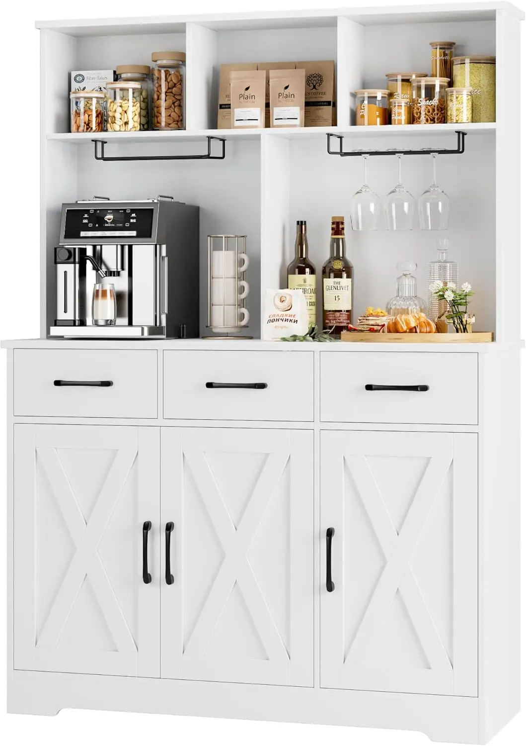 Buffet Cabinet with Hutch Modern Farmhouse Kitchen Buffet Sideboard Storage Cabinet with 3 Drawers Barn Door Coffee Ba HOSTACK